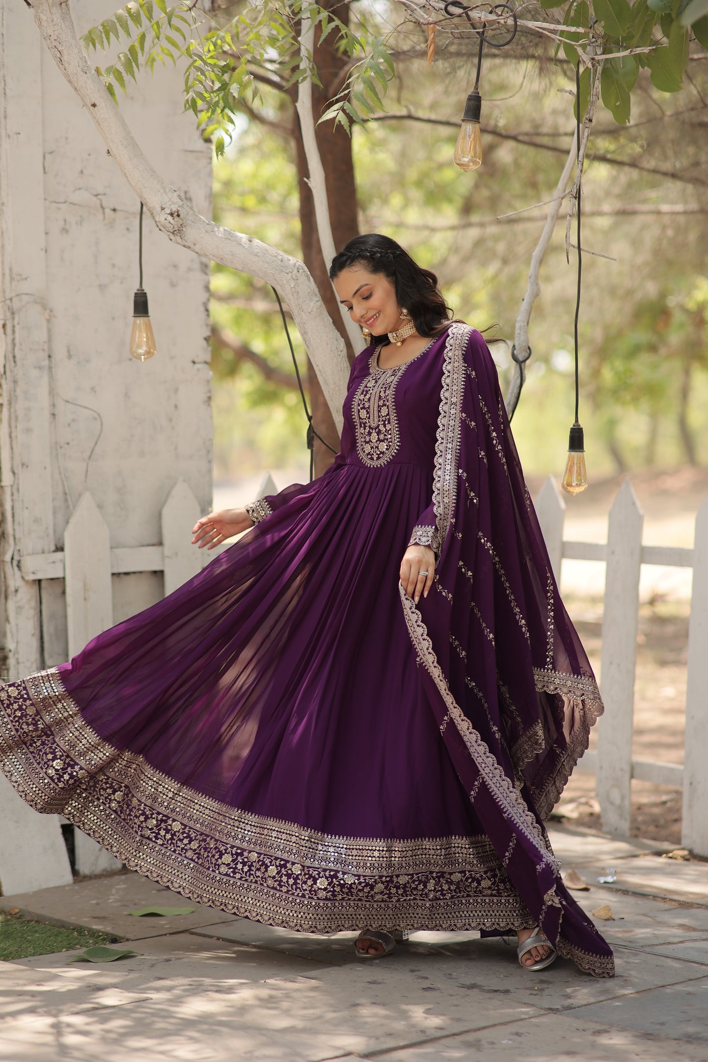 purple embroidered georgette gown with dupatta