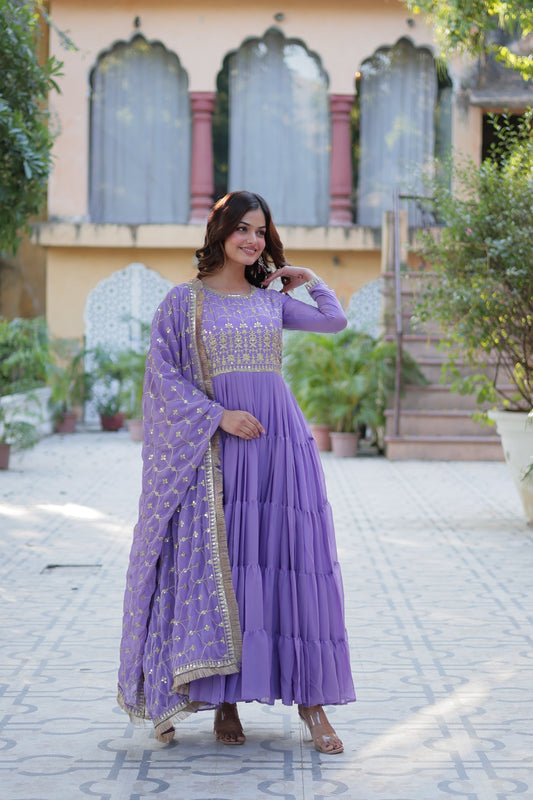 Purple Faux Georgette Embroidered Gown With Dupatta