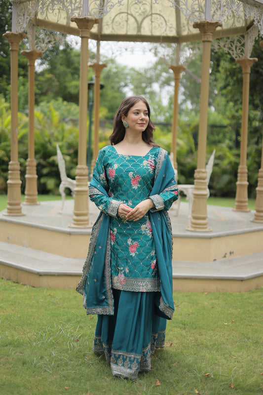 Rama Embroidered Sharara Suit With Dupatta