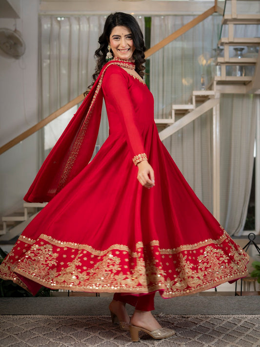 Red Embroidered Anarkali Suit Set for Reception