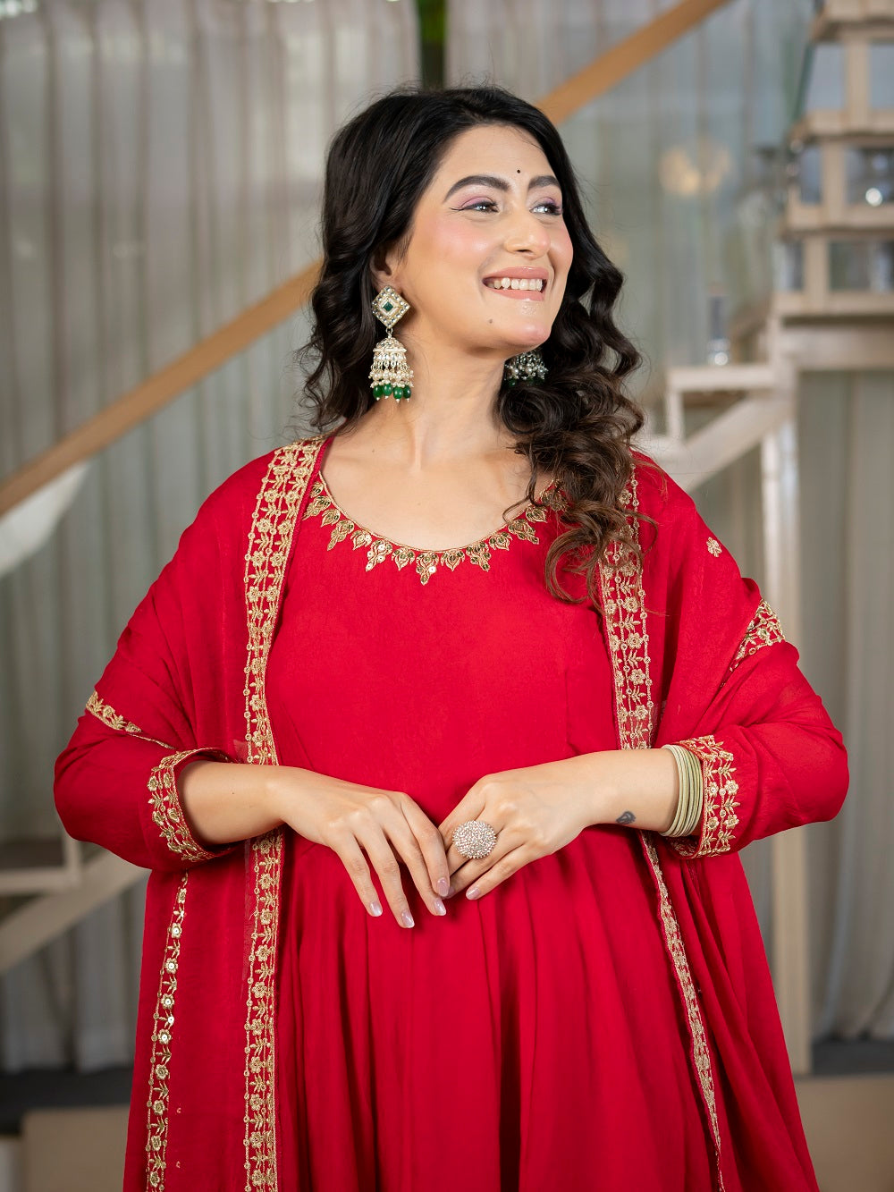 Red Embroidered Anarkali Suit Set for Reception