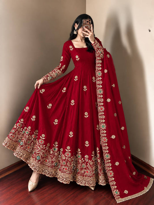 Red Embroidered Floral Anarkali Suit with Heavy Zari Border & Dupatta