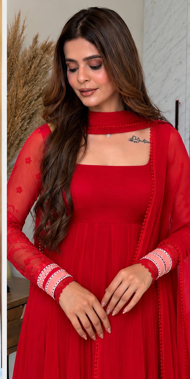 Red Georgette Anarkali Suit with Embroidered Sleeves & Dupatta