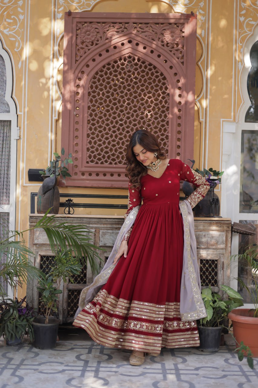 red embroidered gown