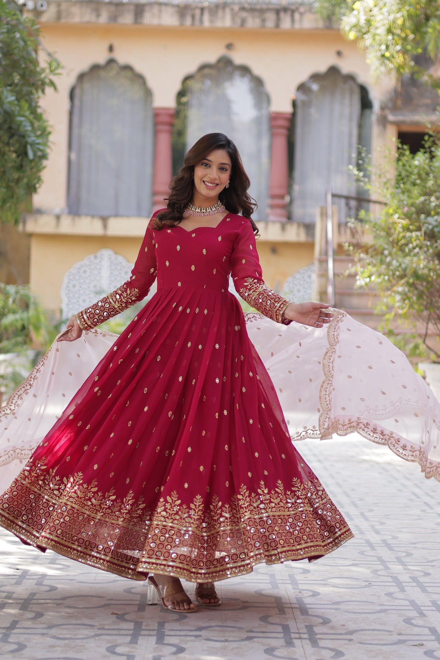 red georgette embroidered gown with dupatta