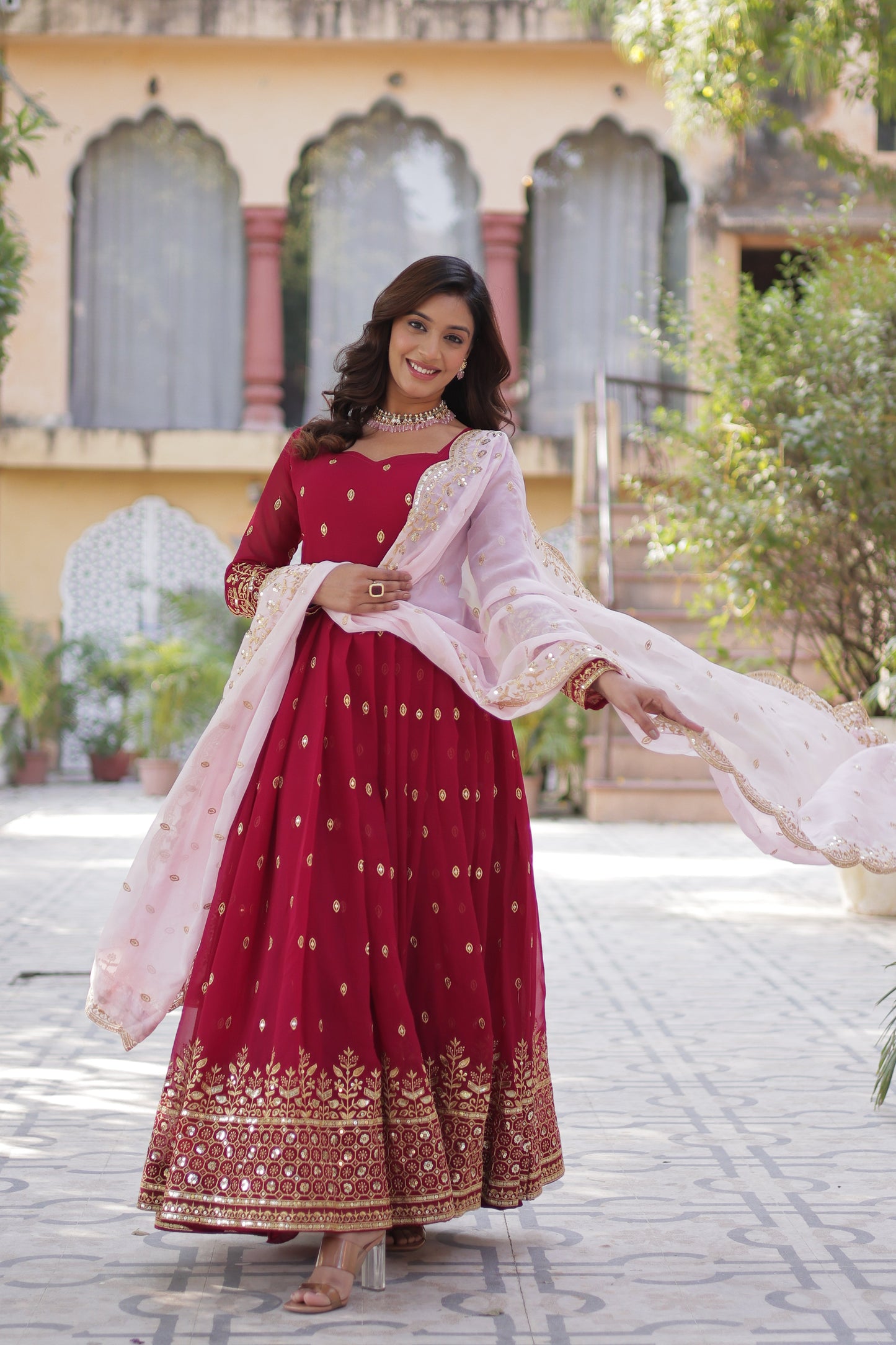 red georgette embroidered gown with dupatta