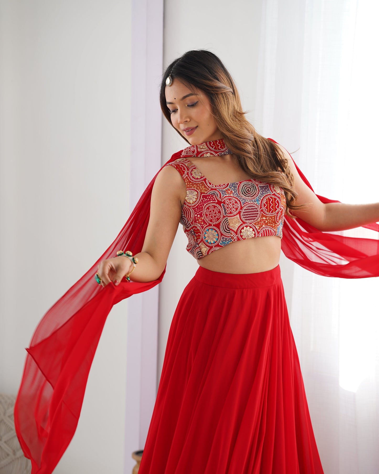 red solid lehenga set for women