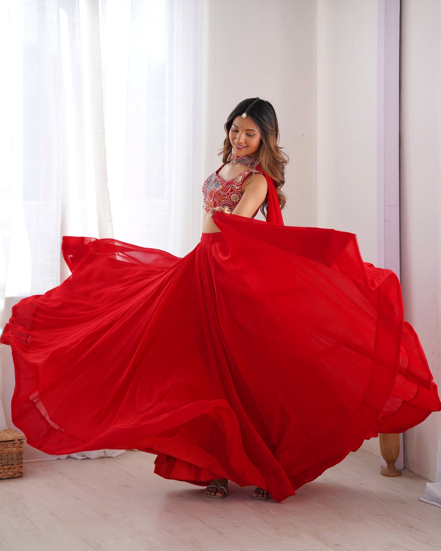 red solid lehenga set for women