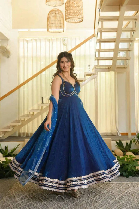 Royal Blue Embroidered Anarkali Suit with Net Dupatta For Women
