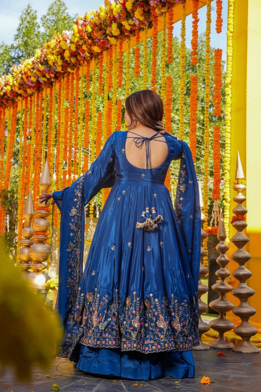 Royal Blue Embroidered Silk Anarkali Suit for Wedding & Festive Occasions