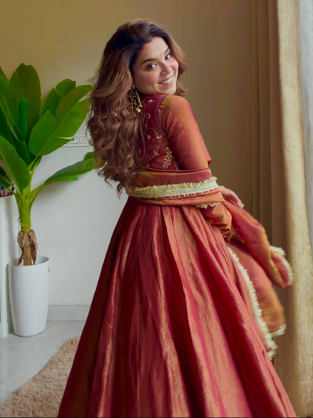 Rust Gold Anarkali Suit with Dupatta for Women
