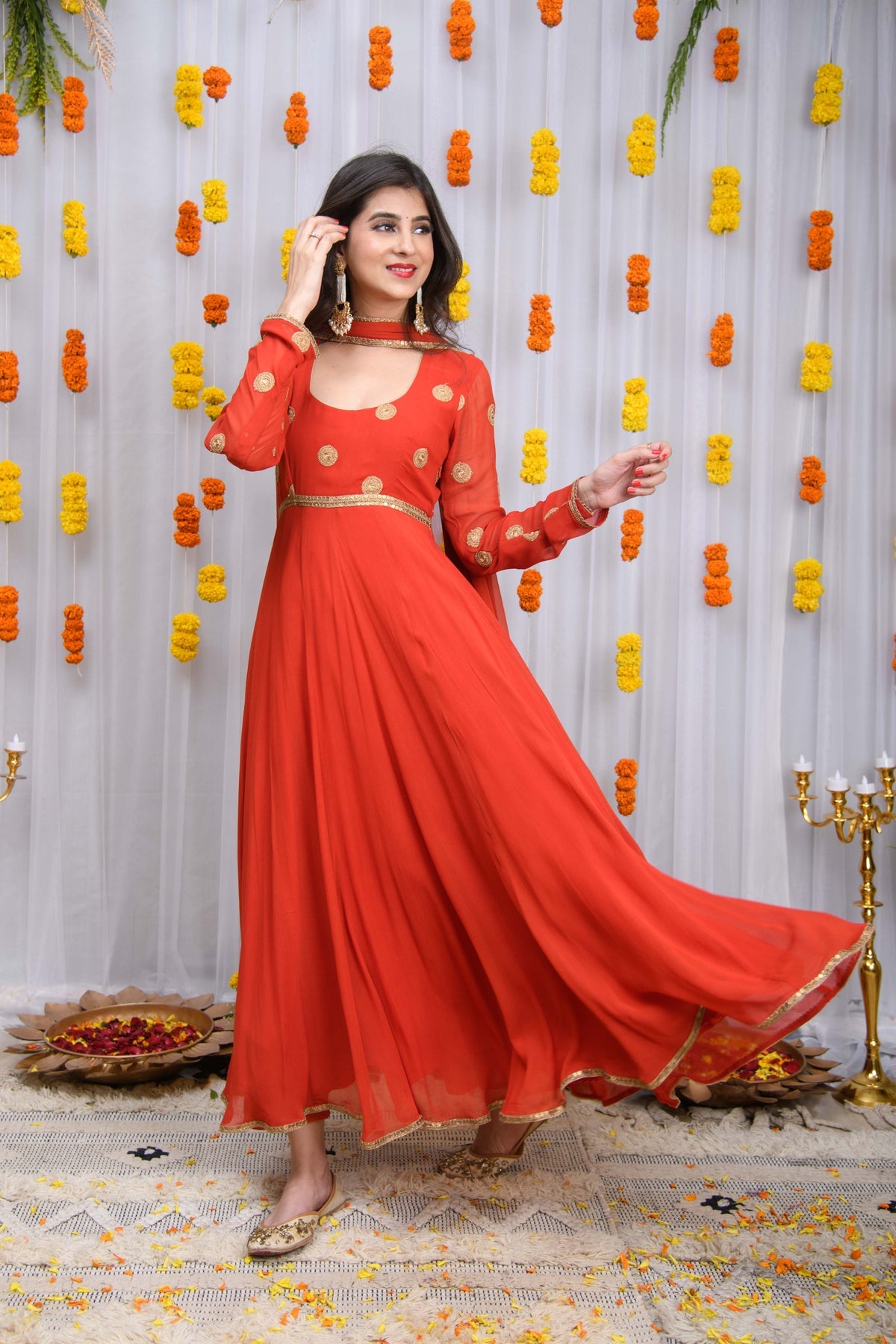 Rust Orange Georgette Anarkali Suit Set with Gold Embroidery & Dupatta for Wedding