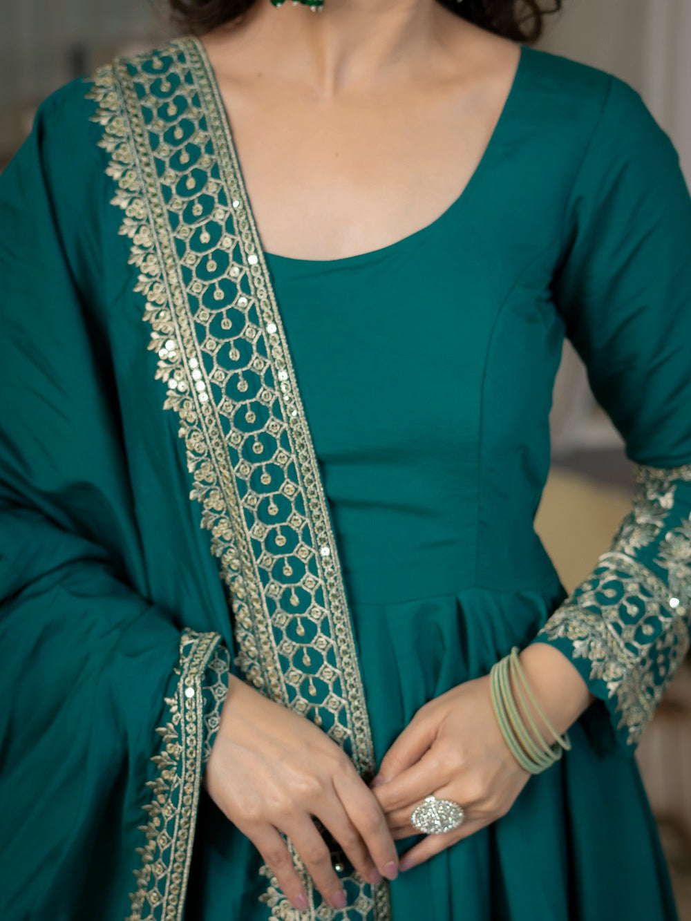 Teal Green Embroidered Flair Anarkali Suit Set for Engagement