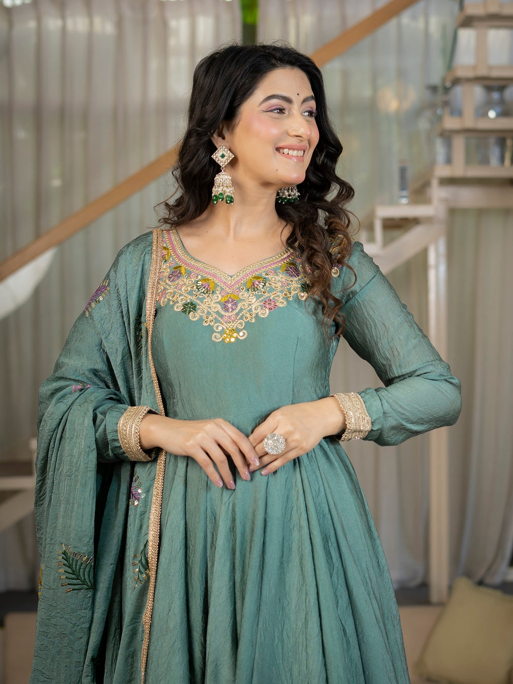 Teal Green Embroidered Flared Anarkali Suit Set for Festive Wear