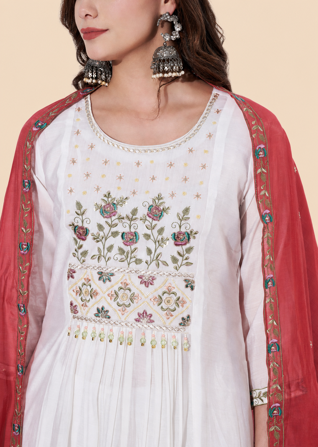 White Embroidered Anarkali Suit with Red Dupatta for Women