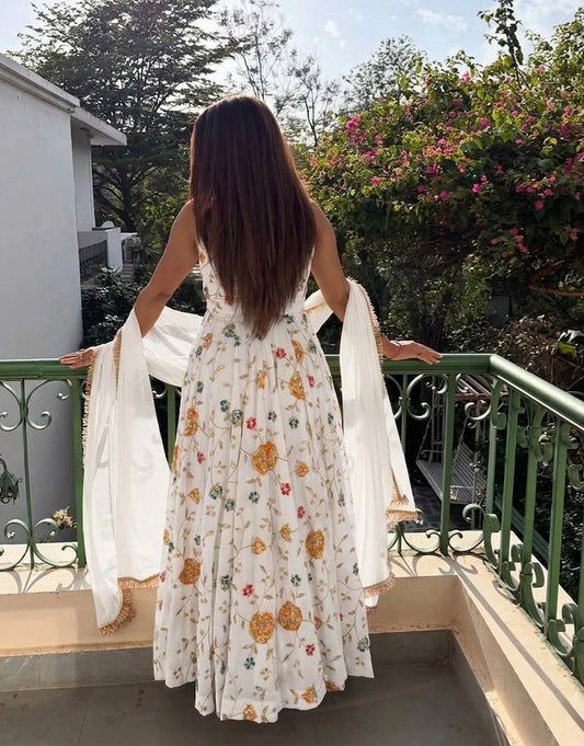 White Floral Anarkali Suit with Dupatta for Women-Diwali & Festive Wear