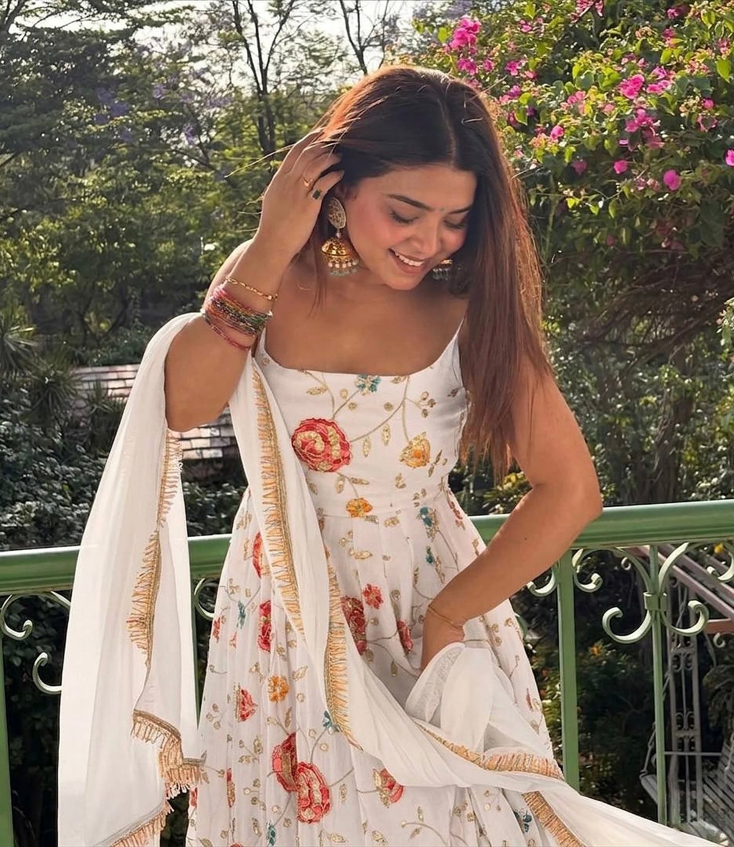 White Floral Anarkali Suit with Dupatta for Women-Diwali & Festive Wear