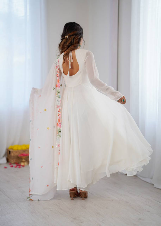 White Floral Embroidered Georgette Anarkali Suit with Dupatta
