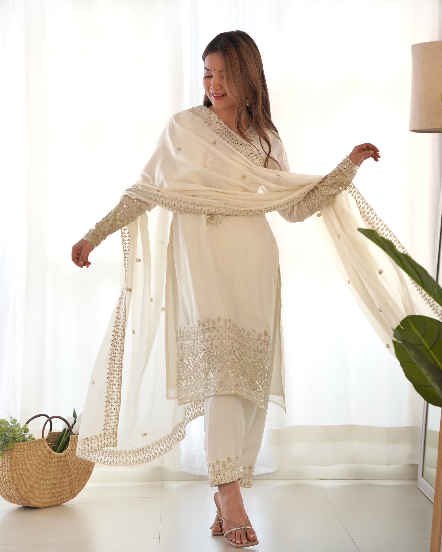 white embroidered kurta set
