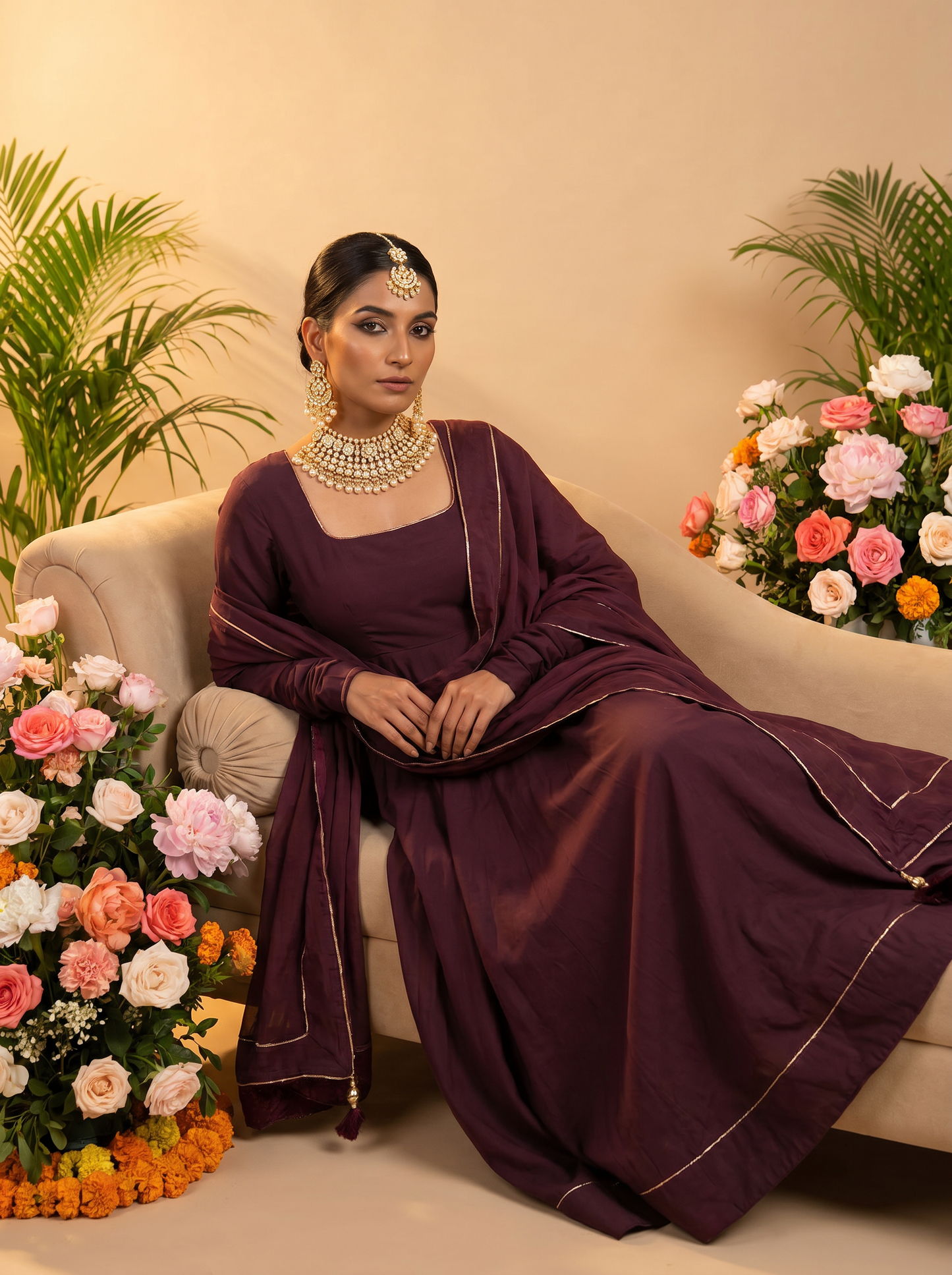 Wine Anarkali Suit with Dupatta for Wedding & Festive Occasions