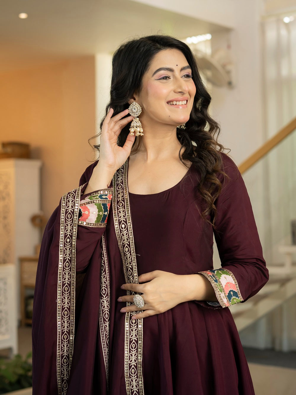Wine Anarkali Suit with Multicolour Border Dupatta for Reception