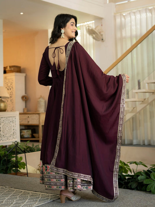 Wine Anarkali Suit with Multicolour Border Dupatta for Reception