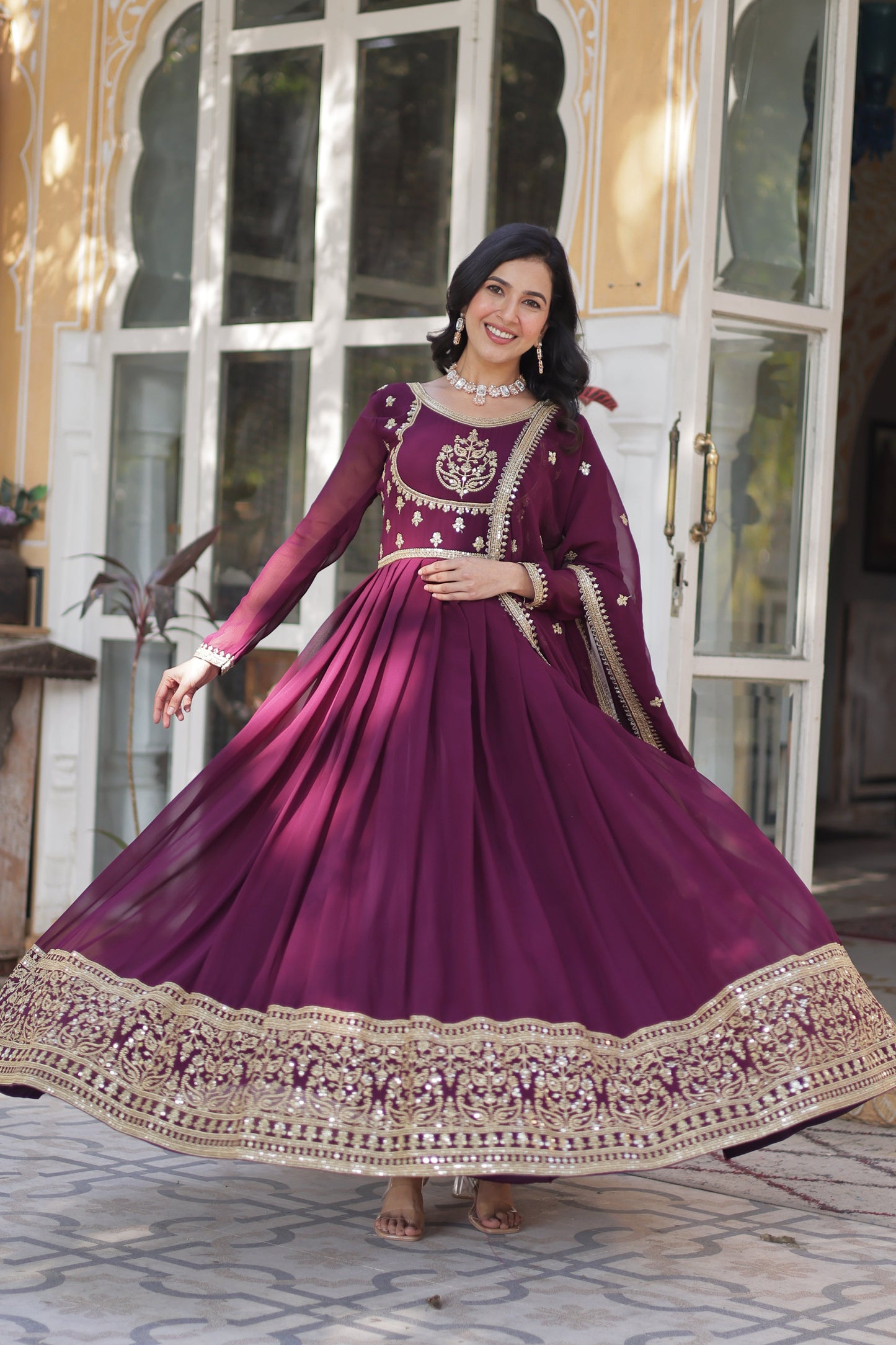 wine embroidered work gown