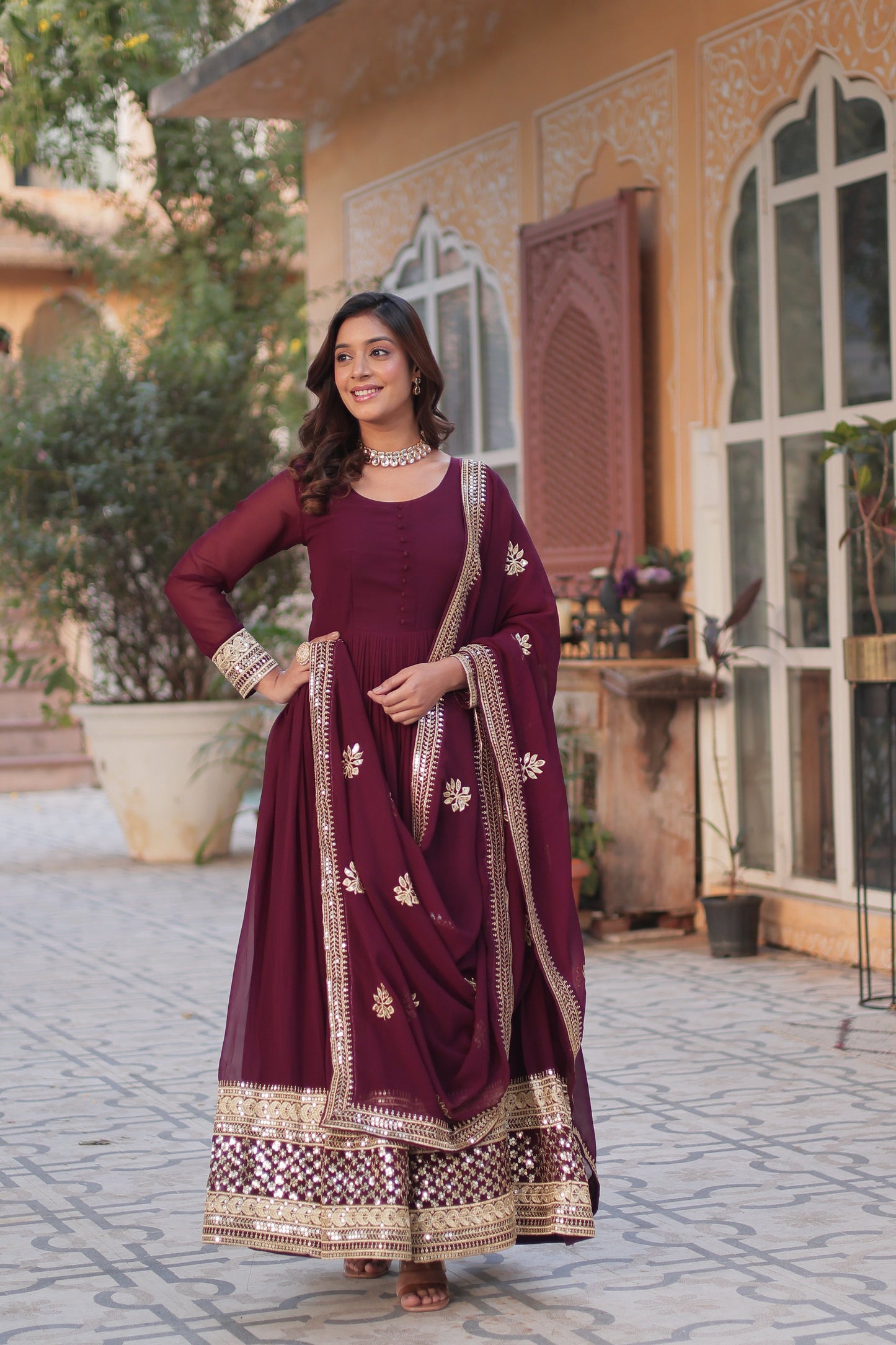 wine georgette embroidered gown with dupatta