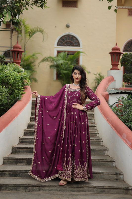Wine Embroidered Kurta Three Piece Sharara