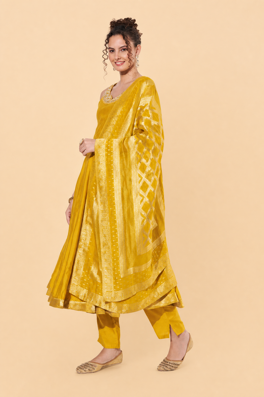 Yellow Embroidered Anarkali Suit with Zari Dupatta for Haldi