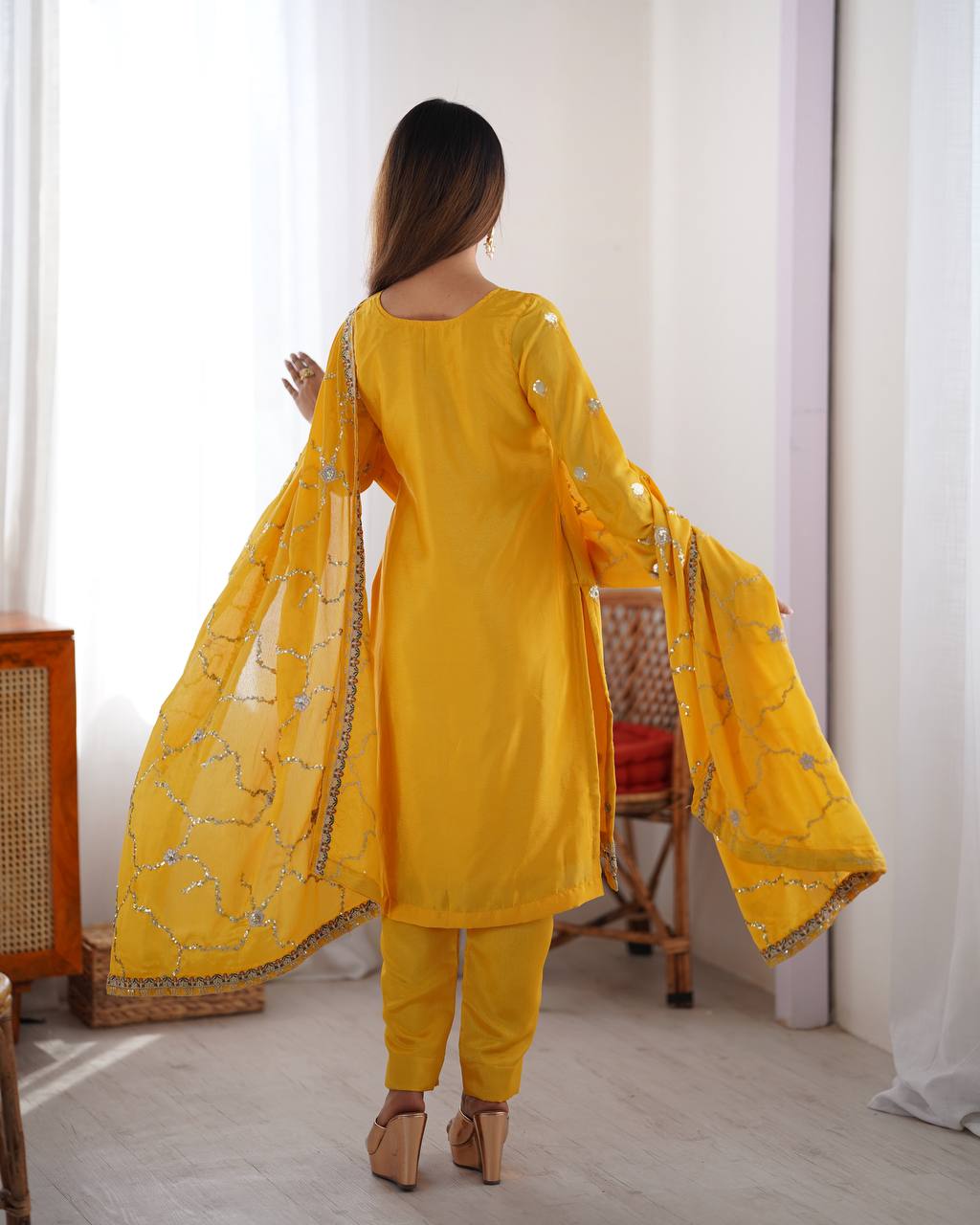 yellow chinnon embroidered kurta set