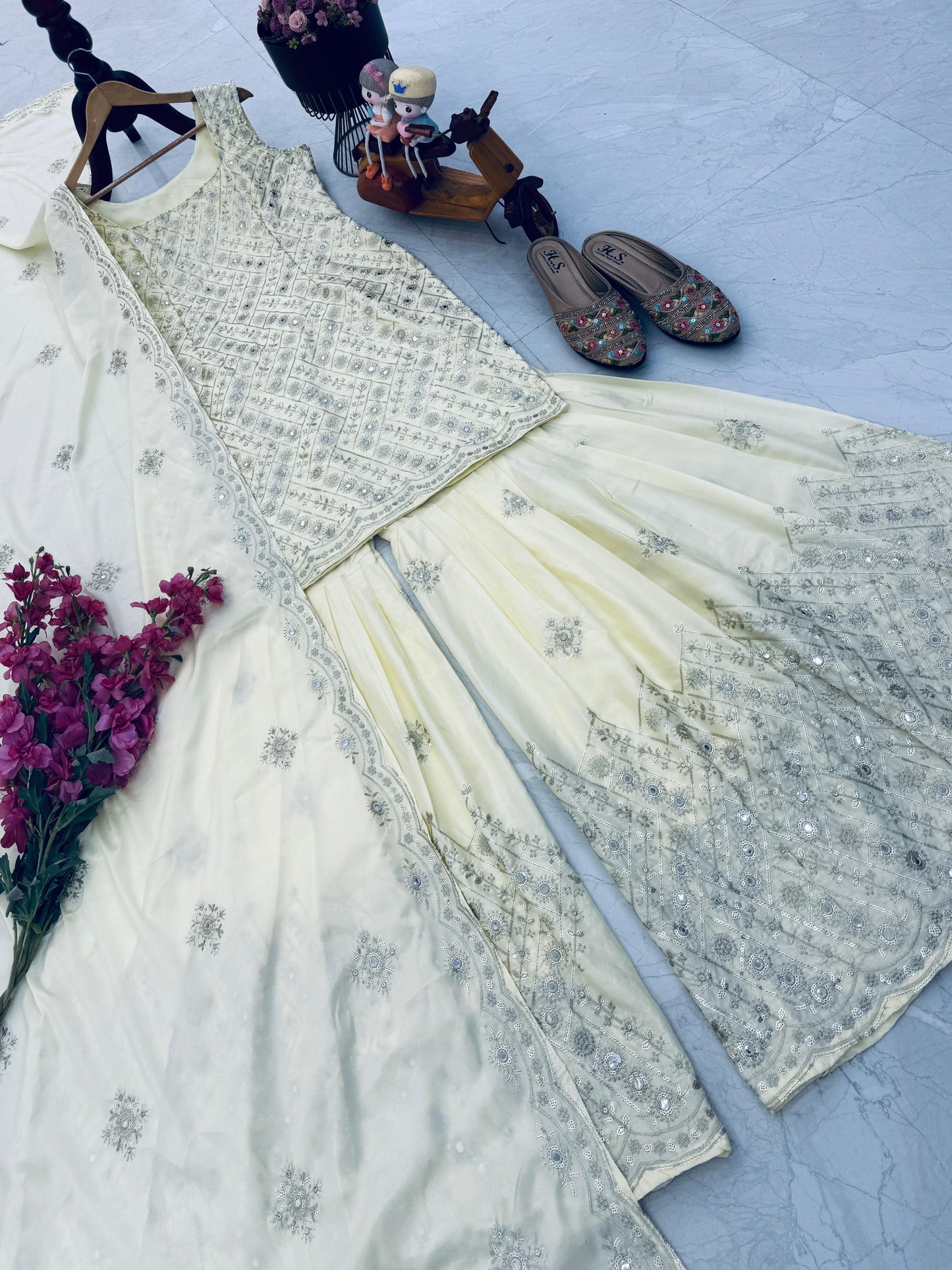 Admiring White Natural Crap Embroidery Sequence Work Sharara Suit With Dupatta