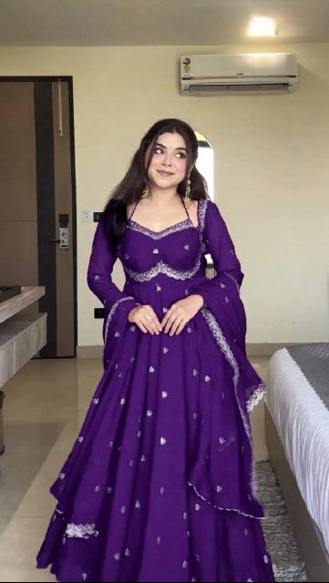 Royal Purple Faux Georgette Embroidery Worked Anarkali Suit With Dupatta