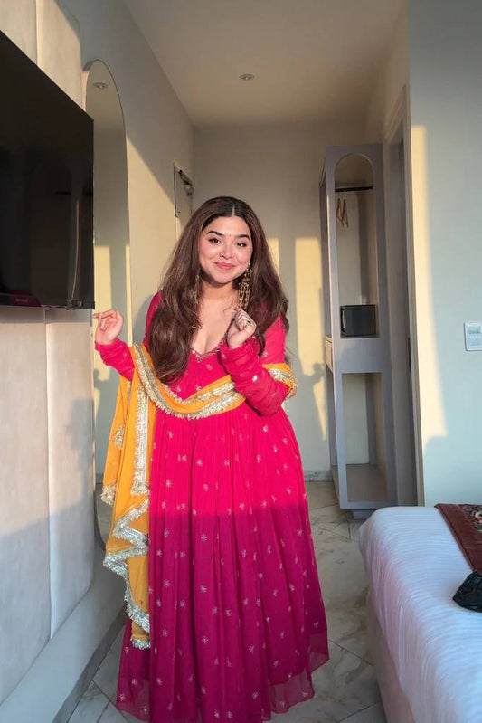 Aaria Rani Pink Anarkali Gown And Dupatta With Silver Embelishment For Function