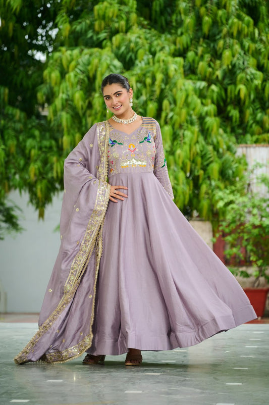 Adorning Lavender Sequins Embroidered Vichitra Silk Gown With Dupatta