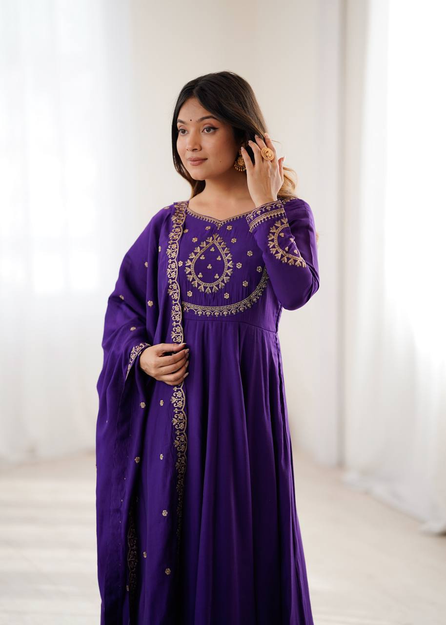 Amoria Purple Fancy Hand Beads Work Anarkali Suit Set With Dupatta