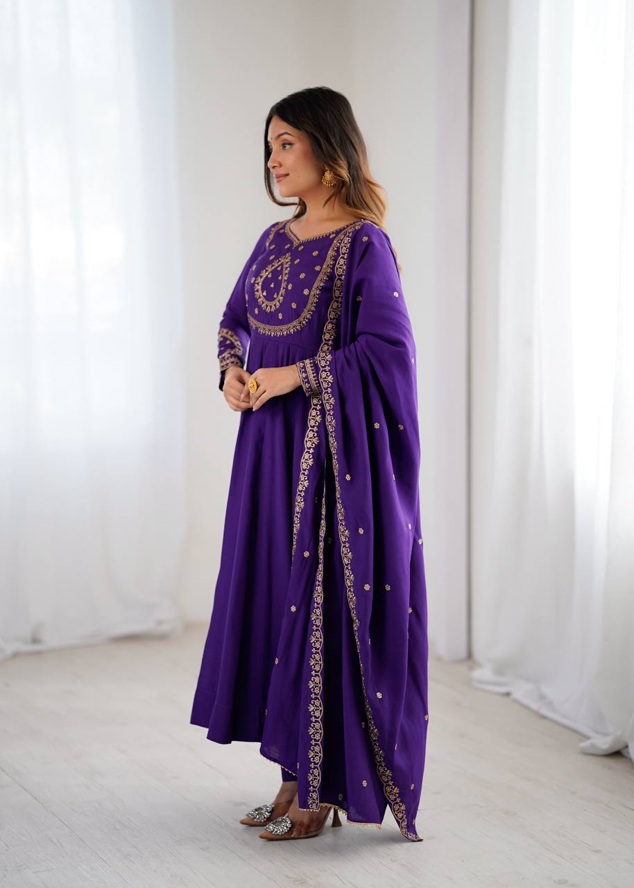 Amoria Purple Fancy Hand Beads Work Anarkali Suit Set With Dupatta
