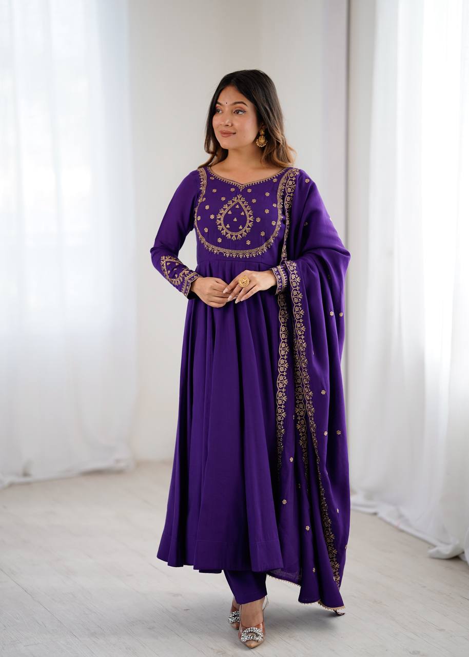 Amoria Purple Fancy Hand Beads Work Anarkali Suit Set With Dupatta