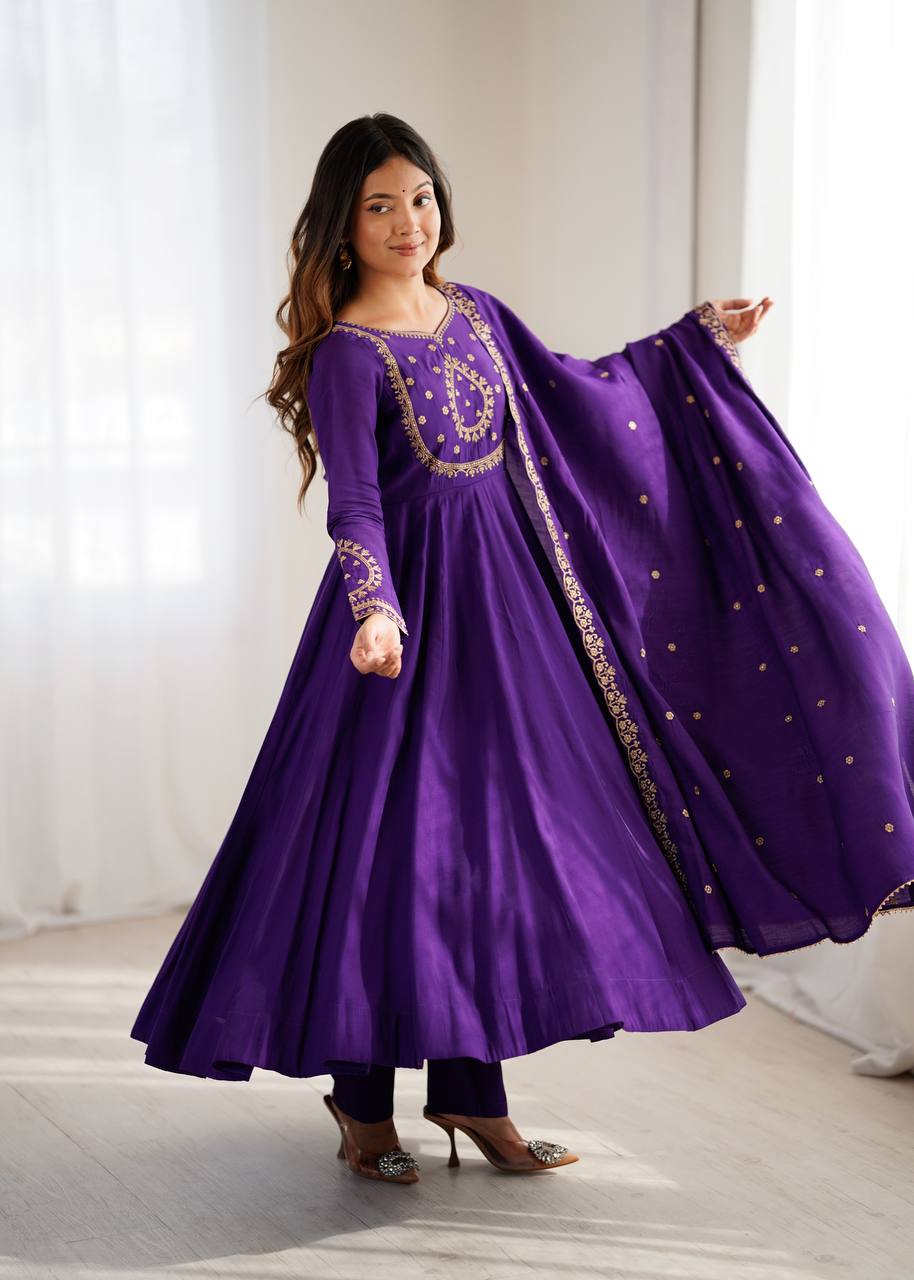 Amoria Purple Fancy Hand Beads Work Anarkali Suit Set With Dupatta