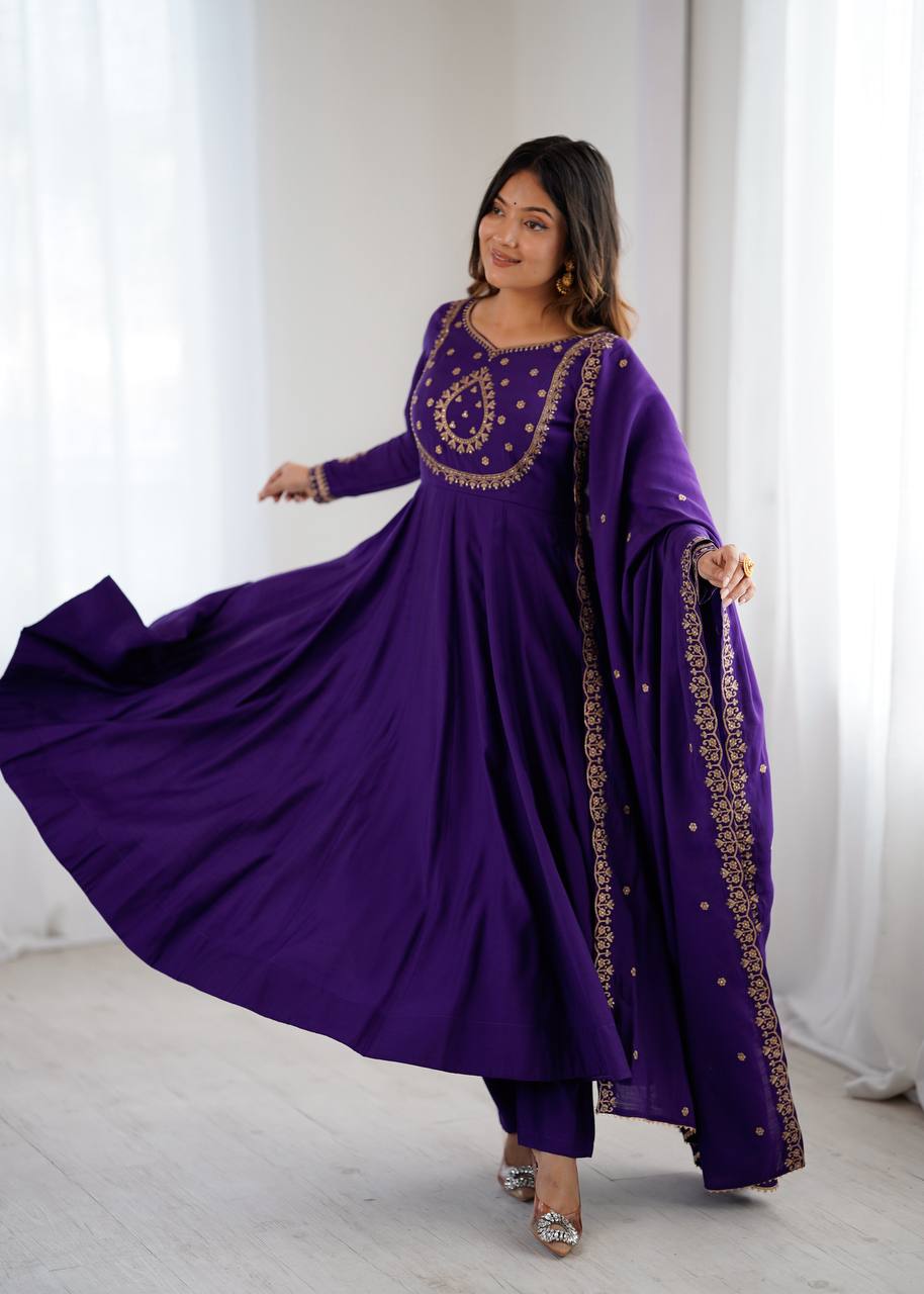 Amoria Purple Fancy Hand Beads Work Anarkali Suit Set With Dupatta