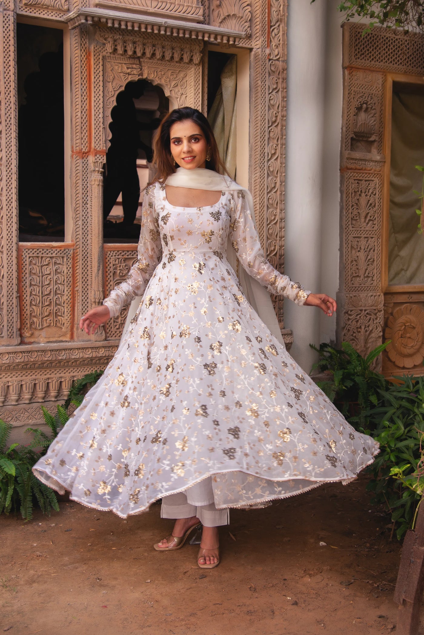 Aradhna White Georgette Embroidered Sequence Work Anarkali Suit For Festival
