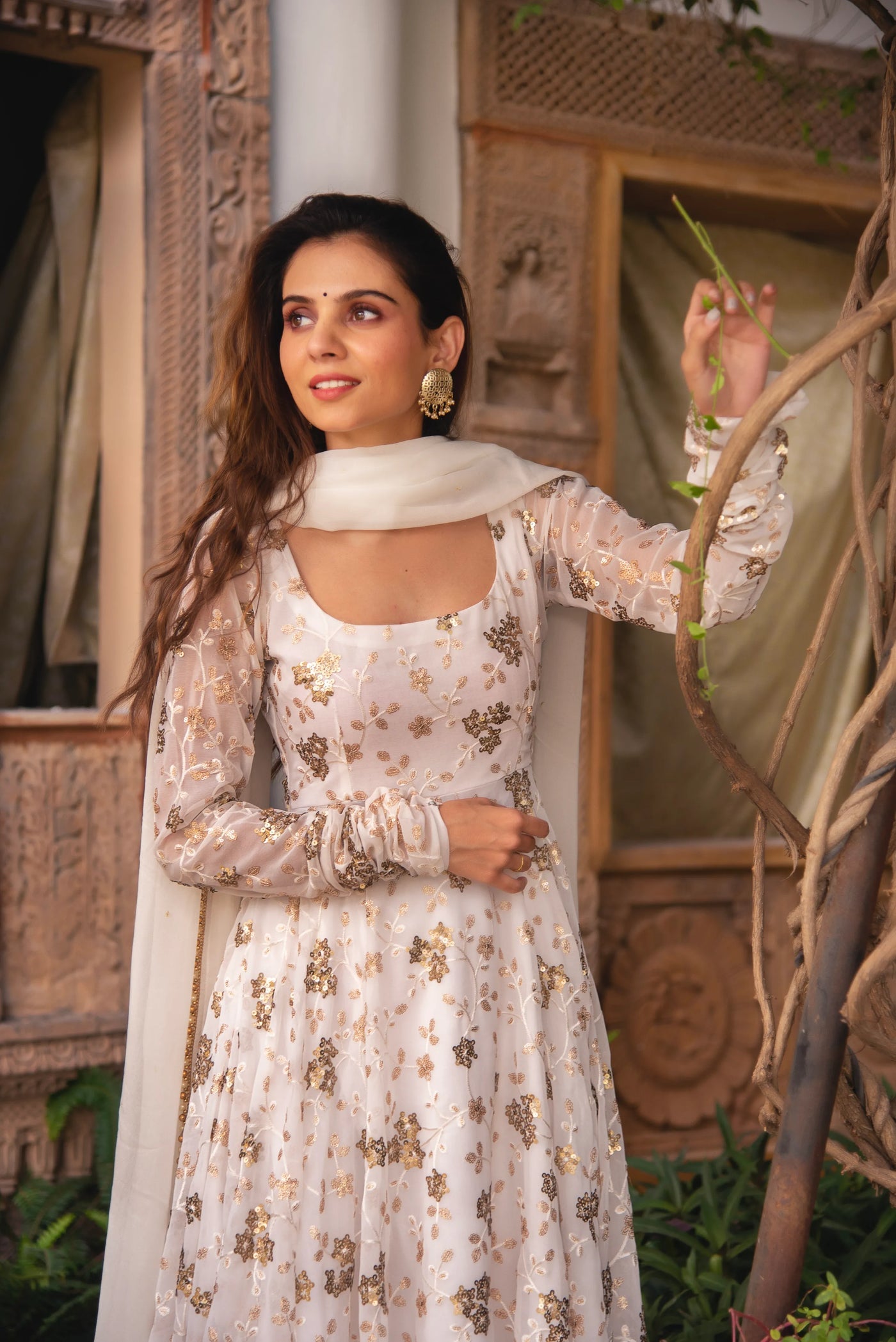 Aradhna White Georgette Embroidered Sequence Work Anarkali Suit For Festival
