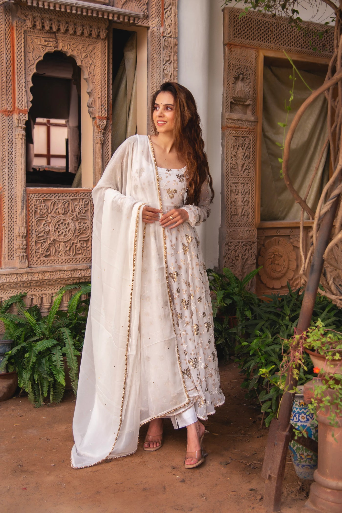 Aradhna White Georgette Embroidered Sequence Work Anarkali Suit For Festival