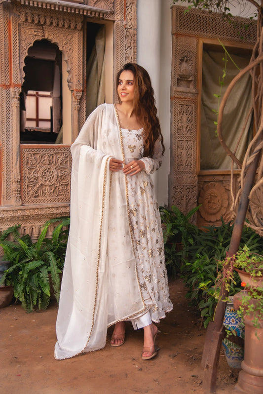 Aradhna White Georgette Embroidered Sequence Work Anarkali Suit For Festival