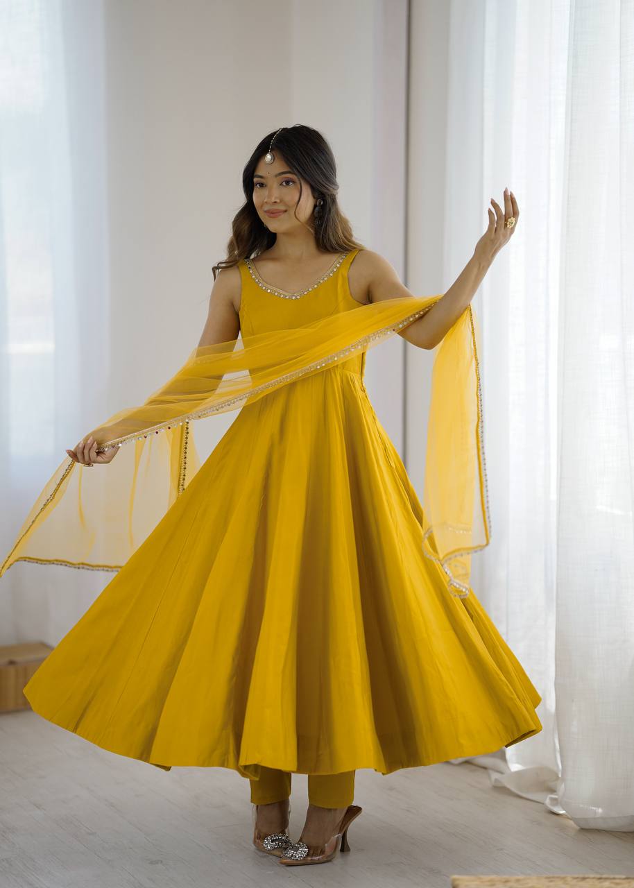 Attractive Yellow Color Roman Silk Lace Work Anarkali Suit