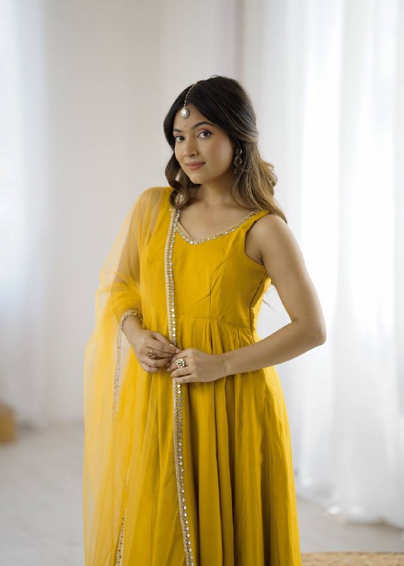 Attractive Yellow Color Roman Silk Lace Work Anarkali Suit