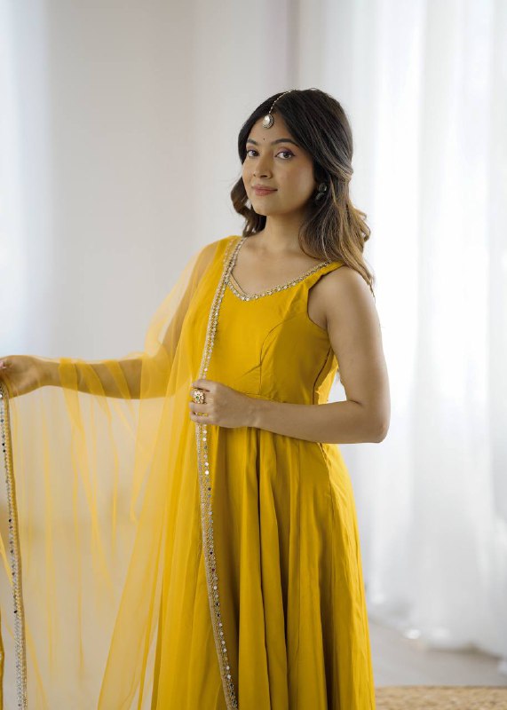 Attractive Yellow Color Roman Silk Lace Work Anarkali Suit