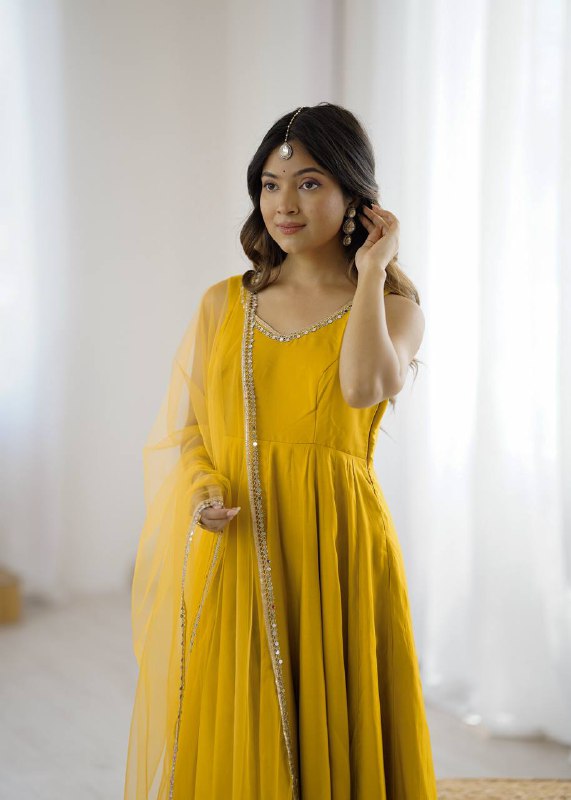 Attractive Yellow Color Roman Silk Lace Work Anarkali Suit
