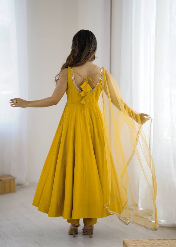 Attractive Yellow Color Roman Silk Lace Work Anarkali Suit