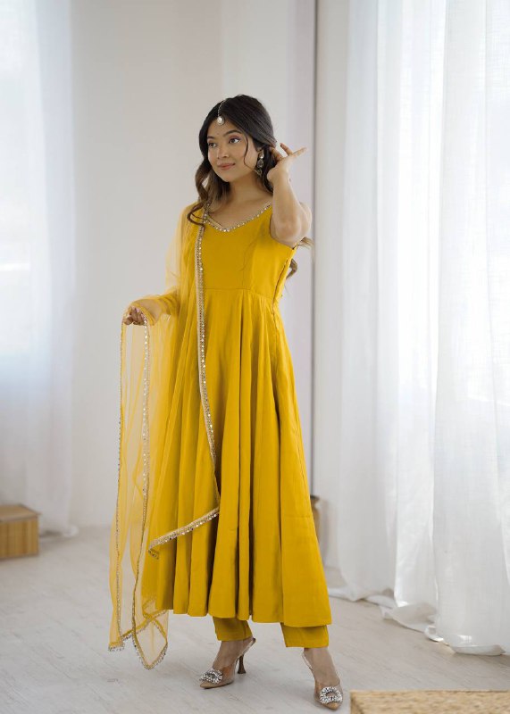 Attractive Yellow Color Roman Silk Lace Work Anarkali Suit